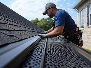 Gutter-Repairs-Kentwood-MI-Michigan-2 | JM Roofing Solutions Roofer on a sloped residential roof installing or inspecting metal gutters, wearing a cap and tool belt.