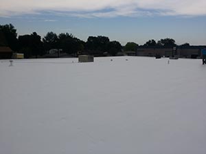 Roof-Restoration-Kentwood-MI-Michigan-2 | JM Roofing Solutions Snow-covered flat rooftop with small vents and distant houses and trees along the horizon under a clear blue sky.