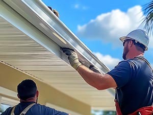 Gutter-Installation-Wyoming-MI-Michigan-1 | JM Roofing Solutions Two construction workers wearing hard hats and gloves install a metal gutter along the edge of a house under a bright, sunny sky.