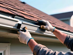 Gutter-Repairs-Wyoming-MI-Michigan-1 | JM Roofing Solutions Person wearing gloves attaches or adjusts a gutter along a house roof edge during maintenance or installation.