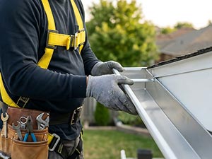 Gutter-Repairs-Wyoming-MI-Michigan-2 | JM Roofing Solutions Construction worker wearing gloves and a yellow safety harness installs metal gutter flashing on a roof.