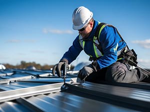Construction worker in a white helmet and safety vest fastening metal roof panels on a sunny day.